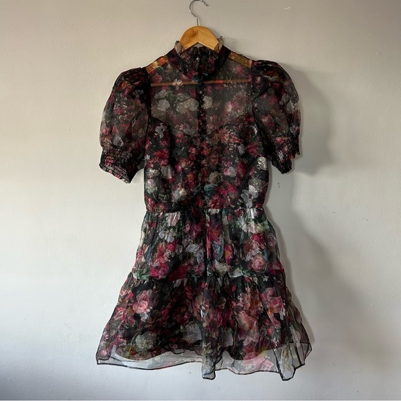 Alice + Olivia Sheer Floral Mini Dress - Black and Pink - Picture 4 of 12